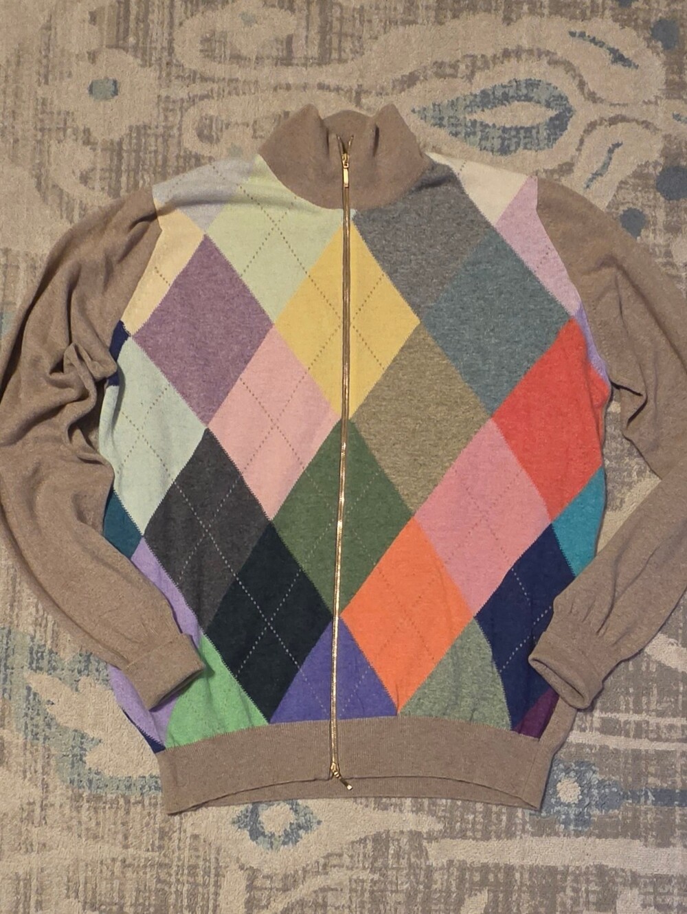 Ballantyne Argyle Zip-up Mock Neck Knit Sweater. Tan/Multicolor. Size XL